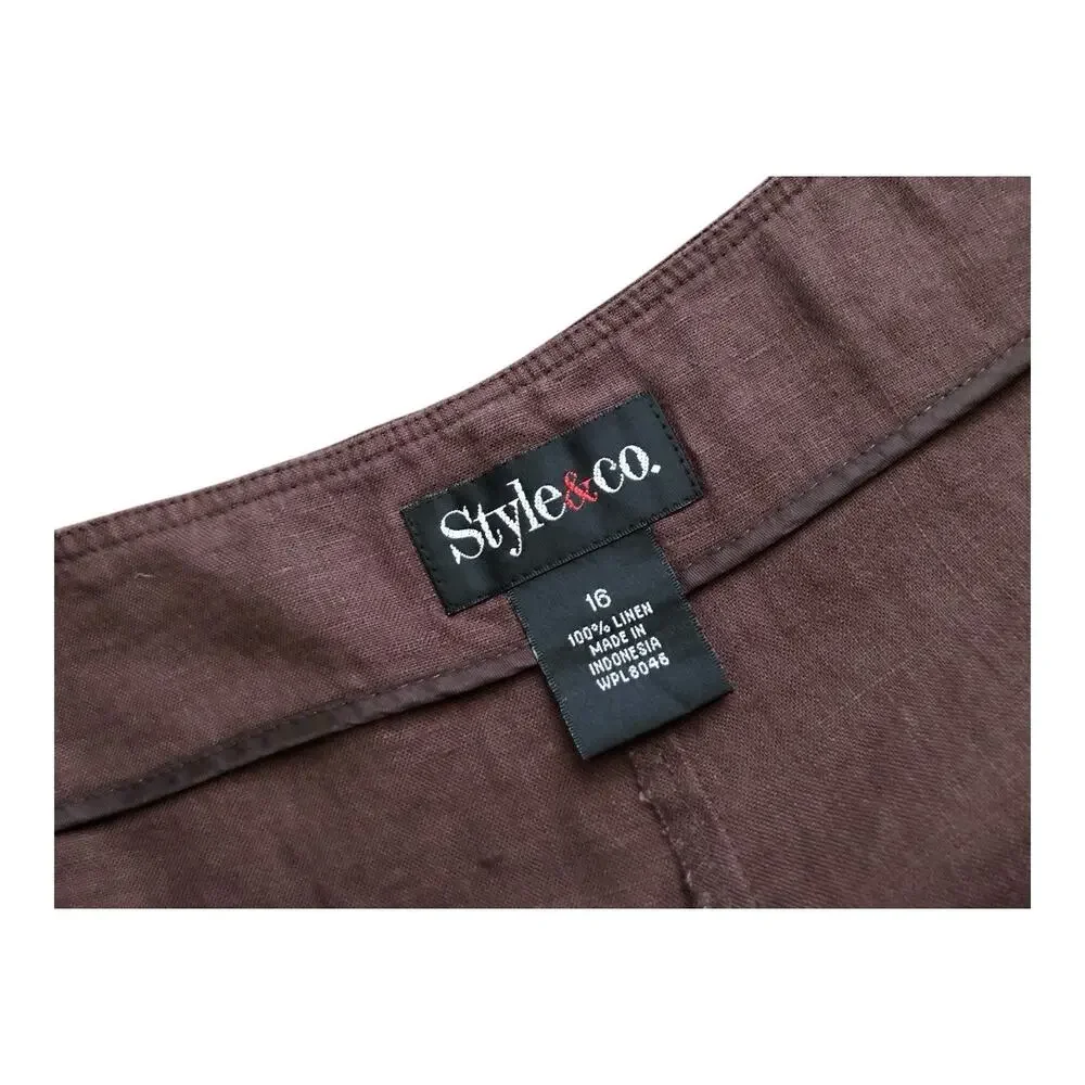Style & Co Linen Skirt Womens Size 16 Brown A-Line Metallic Sequin Side Zip